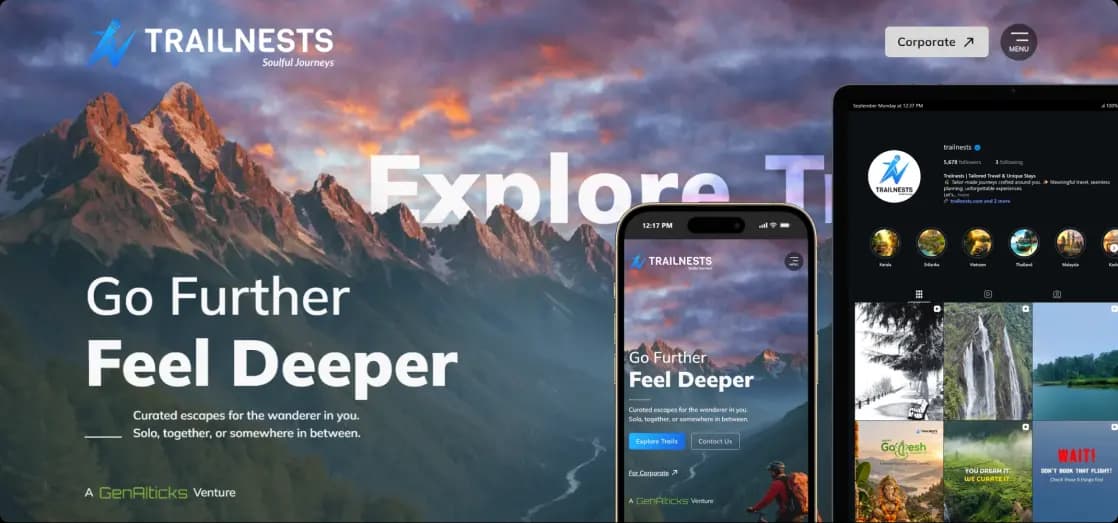 Trailnests travel platform and mobile experience mockup